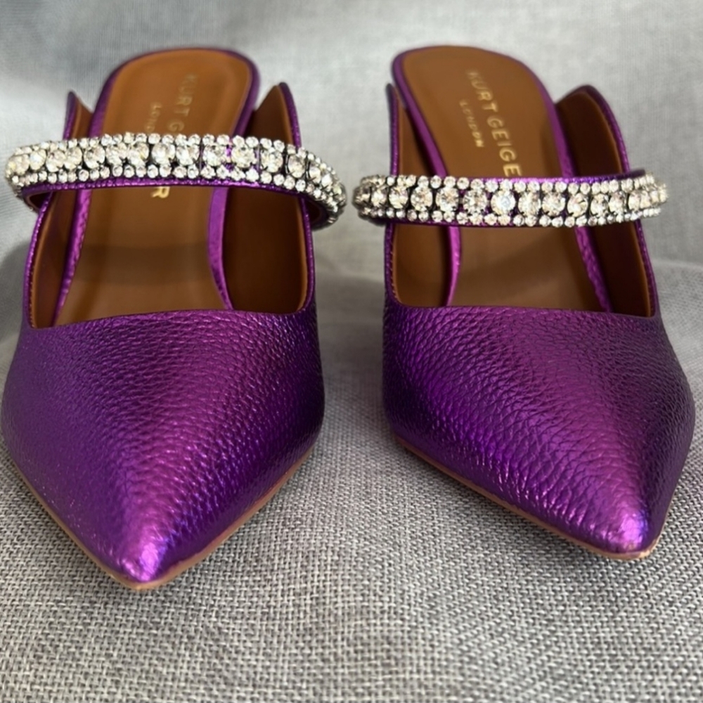 KURT GEIGER Duke Pointed Toe Pump metallic leather purple size 8,5
